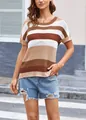 Lässiger gestreifter Kurzarm-Strickpullover für Damen in Braun und Weiß Farbmuster - S / Oberteile / Khaki