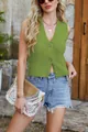 Women's stylish green chunky knit sleeveless V-neck vest with button-down detail for summer - S / Tops / Green