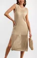 Sleeveless beige hollow-out knitted dress for women featuring a side slit design. - Khaki