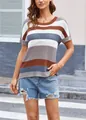Lässiger Kurzarm-Strickpullover für Damen mit bunten horizontalen Querstreifen - S / Oberteile / Blau