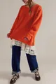 Casual orange round neck sweater with delicate lace hem for women's autumn wear - Orange Red