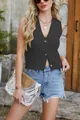 Trendy black chunky knit sleeveless button-down vest for women's summer street fashion - Black