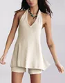 Completo casual due pezzi da donna in maglia estiva con scollo all'americana, beige - Taglia S / Top E Pantaloni / Bianco Albicocca