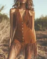 Close-up detail of a vintage western suede dress with elegant fringe and button design. - S / Dresses / Dark Brown