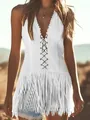 Detail of white tassel vest with lace-up front and fringe trim in boho style. - S / Tops / White
