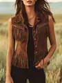 Dettaglio gilet marrone scamosciato con frange etniche e design della cerniera - Taglia S / Top / Marrone chiaro