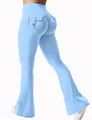 Pantaloni yoga a zampa celesti a vita alta con tasche cargo e design sollevamento glutei - Taglia S / Parte Inferiore (Pantaloni DF002) / Azzurro