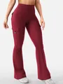 High waisted burgundy cargo flare yoga pants with side pockets for gym and outdoor fitness - S / Bottoms / Burgundy