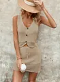 Elegant beige crochet two-piece set featuring a V-neck button vest and matching knit mini skirt - S / Top And Bottom / Khaki