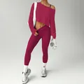 Ensemble de yoga sans couture magenta avec haut court à manches longues pour femme - Rose rouge