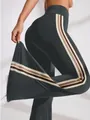 High waist flared yoga pants with decorative side stripes in dark grey color for Pilates. - S / Bottoms / Gray