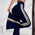 High-waisted navy yoga flare pants with stylish beige and brown side stripes for fitness - S / Bottoms / Navy Blue