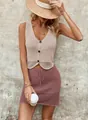 Women's chic European style crochet V-neck vest and mini skirt two-piece set in beige and mauve - Mud Red