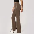 High-waisted brown flared yoga pants with side white piping and stylish split hem detail. - S / Bottoms / Brown