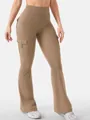 Pantalon de yoga évasé à taille haute avec poches cargo kaki, idéal pour le sport en salle. - Cacao