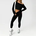 Schwarzes nahtloses Yoga-Set mit langärmeligem Crop-Top und Leggings für Damen - S / Set / Schwarz