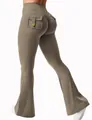 Pantalon de yoga évasé kaki à taille haute avec poches cargo et superbe effet froncé - S / Bas / Cacao