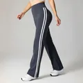 High-waist charcoal gray yoga pants featuring white side stripes and flared leg design - S / Bottoms / Gray