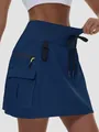 Hoch taillierter dunkelblauer Cargo-Sport-Skort mit Reißverschlusstasche für Fitness. - Aqua