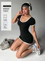 Black ribbed short sleeve yoga bodysuit with white contrast trim and square neckline - S / Jumpsuits / Premium Black