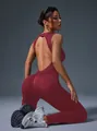 Sexy burgundy backless yoga jumpsuit for women, hip-lifting fitness wear for gym and outdoor sports - S / Set / Burgundy