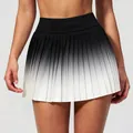 High-waist pleated tennis skirt with black and white gradient for fitness and yoga. - Black