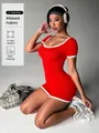 Vibrant red ribbed short sleeve romper with white contrast trim for active sports wear - S / Jumpsuits / Christmas Red