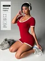Red ribbed short-sleeve sports bodysuit with white trim and skin-friendly fabric - S / Jumpsuits / Red