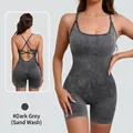 Damen Yoga-Body in Dunkelgrau mit Acid-Wash-Optik und überkreuzten Rückenträgern - XS / Set / Kohlegrau (Säurewäsche)