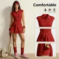 Sleeveless red women's tennis dress with built-in shorts, chest pads and ball pocket - XS / Dresses / With Shorts / Cinnabar Red