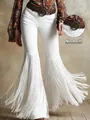 Close-up of white western faux suede trousers with long fringe and waist detail - S / Bottoms / White