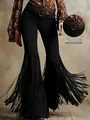 Detailed view of women's retro western black suede trousers with long fringe flares - S / Bottoms / Black