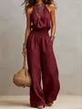 Elegant sleeveless linen backless wide leg jumpsuit in burgundy with straw bag - S / Jumpsuits / Burgundy