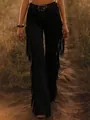 Black slim fit stretch flared trousers for women featuring side fringe details - S / Bottoms / Black