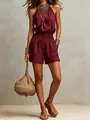 Elegante mono corto granate sin mangas en mezcla de lino para mujer con accesorios - S / Conjuntos / Burdeos