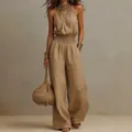 Full-length view of a khaki linen halter jumpsuit with wide-leg design for a summer look - S / Jumpsuits / Tan