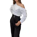 Chic white off-shoulder top for women featuring elegant gold button details on long sleeves. - S / Top (L-25737BAI) / White