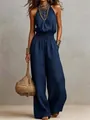Sophisticated navy blue halter neck sleeveless wide-leg jumpsuit for summer style - Navy Blue