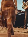 Stylish bohemian brown faux suede high waist fringe A-line skirt women's fashion - S / Bottoms / Dark Brown