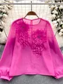 Close-up of elegant sheer pink chiffon top featuring 3D floral appliqués and lantern sleeves - S / Tops / Rose Red