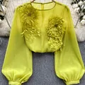 Elegant sheer chiffon blouse featuring 3D flower appliques and stylish lantern sleeves - S / Tops / Yellow