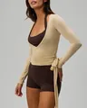Elegant ballet style beige long sleeve wrap shrug for yoga and pilates workouts - Apricot