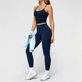 Marineblaues nahtloses Yoga-Set für Damen mit Crop-Top und Leggings mit hoher Taille - S / Oberteil Und Unterteil / Blau
