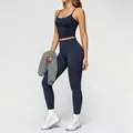 Marineblaues nahtloses Yoga-Set mit Camisole-Sport-BH und Leggings mit hoher Taille - S / Set / Grau