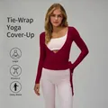 Long sleeve burgundy wrap-over yoga cover-up top for Pilates and ballet style - Cherry Red