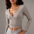 Slim fit breathable long sleeve wrap yoga top with adjustable side tie in taupe grey color - S / Tops / Khaki