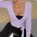 Lavender long sleeve yoga wrap top with side tie for women fitness and sun protection - S / Tops / Purple