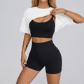Completo da yoga nero senza cuciture con reggiseno sportivo e pantaloncini a vita alta - Taglia S / Set / Set di 3 pezzi / Bianco
