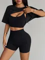 Black seamless 3-piece yoga set with high-waisted shorts and adjustable sports bra - S / Top And Bottom / Black