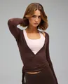 Professional dark brown long sleeve wrap yoga top in ballet style for fitness and Pilates - Coffee